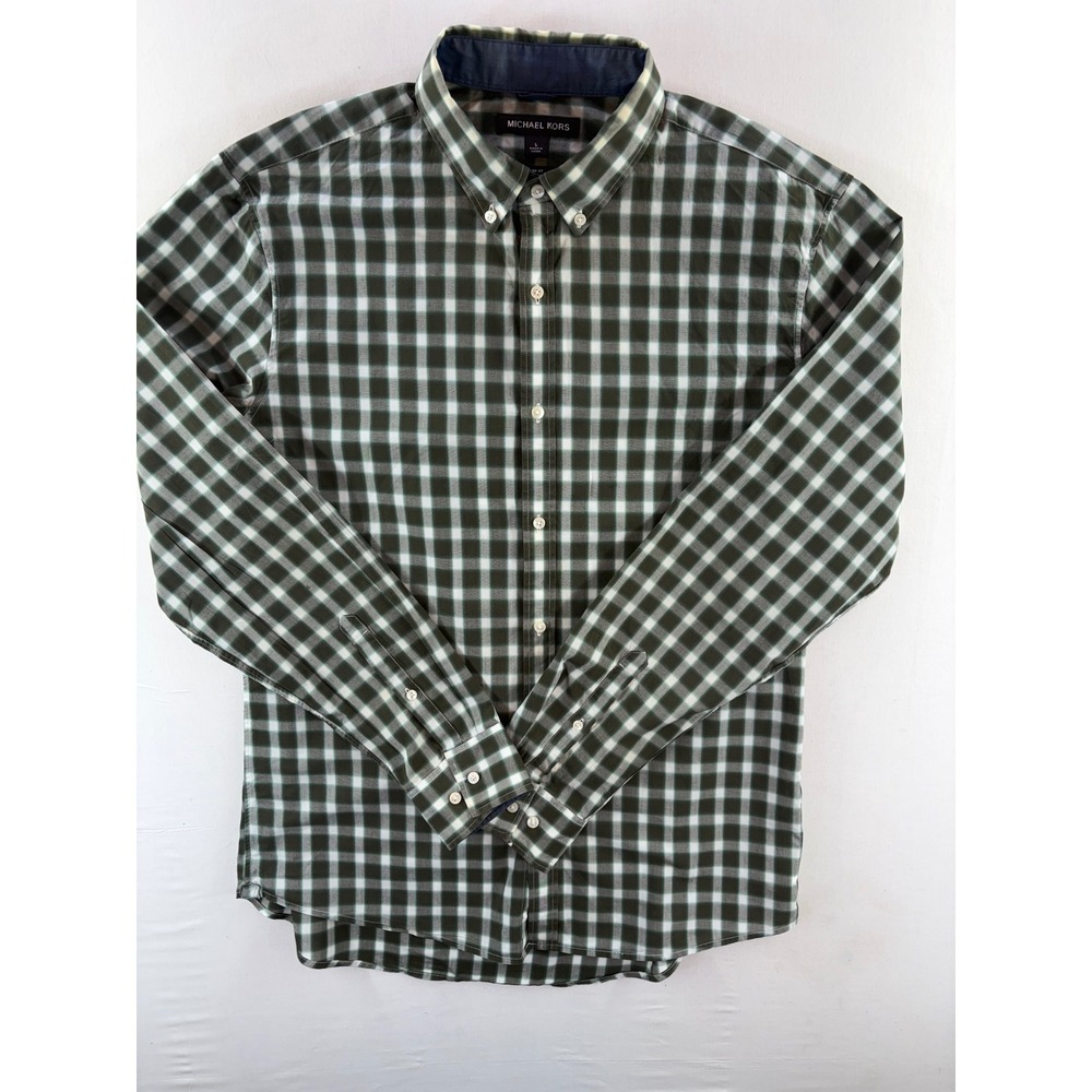 Michael Kors Mens Large Slim Fit Green Gingham Plaid Cotton Button Down Shirt